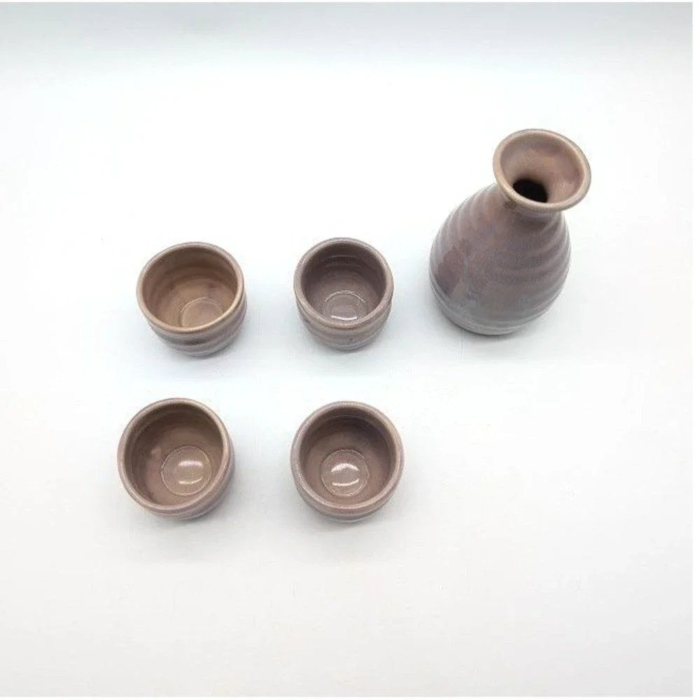 Vintage‎ Handmade Japanese Ceramic Sake Tokkuri Carafe Ochoko Cups Glazed Purple